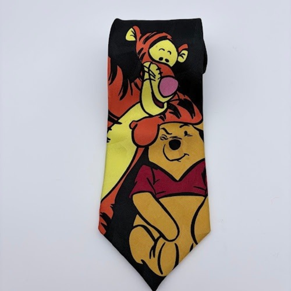 Disney Pooh Necktie Mens OS Black Graphic VTG Winnie Tigger 90s Retro Silk-Look
